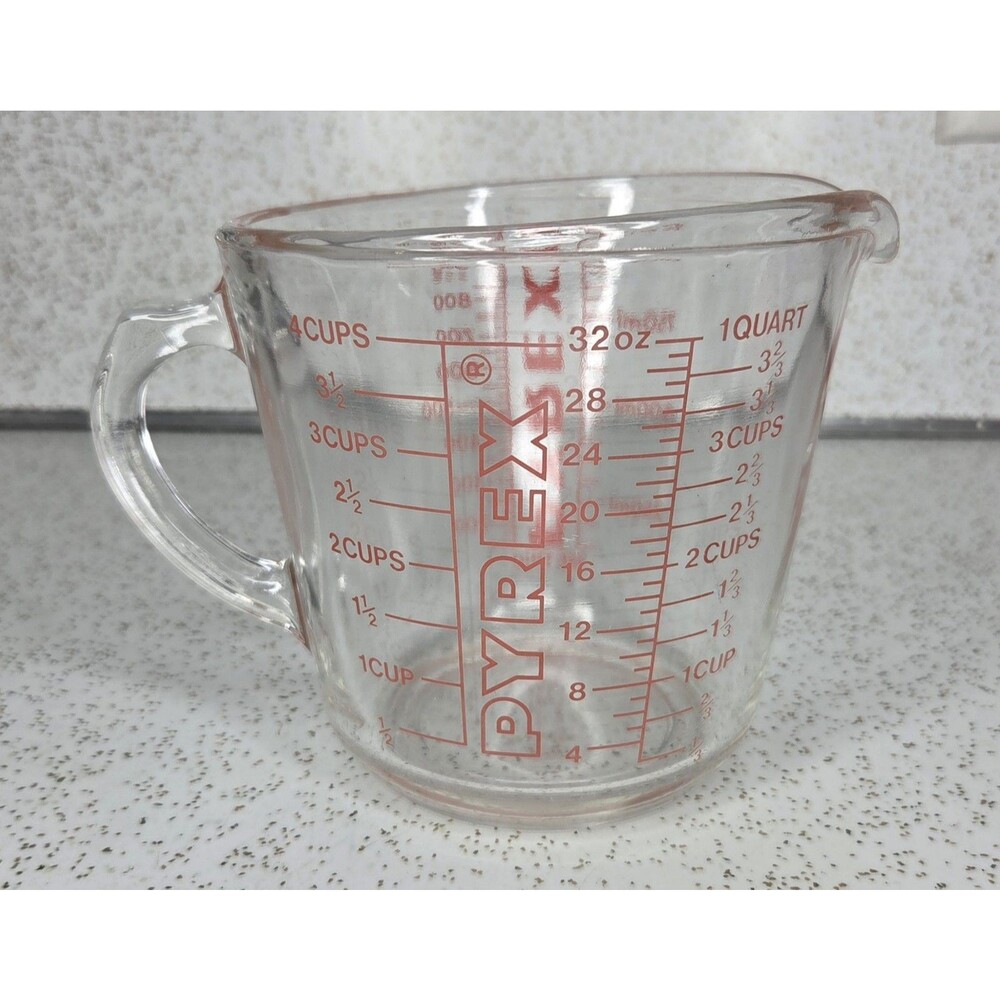 Vintage Pyrex Clear Glass 4 Cup Measuring Cup 532 D Handle 1 Quart Red Lettering